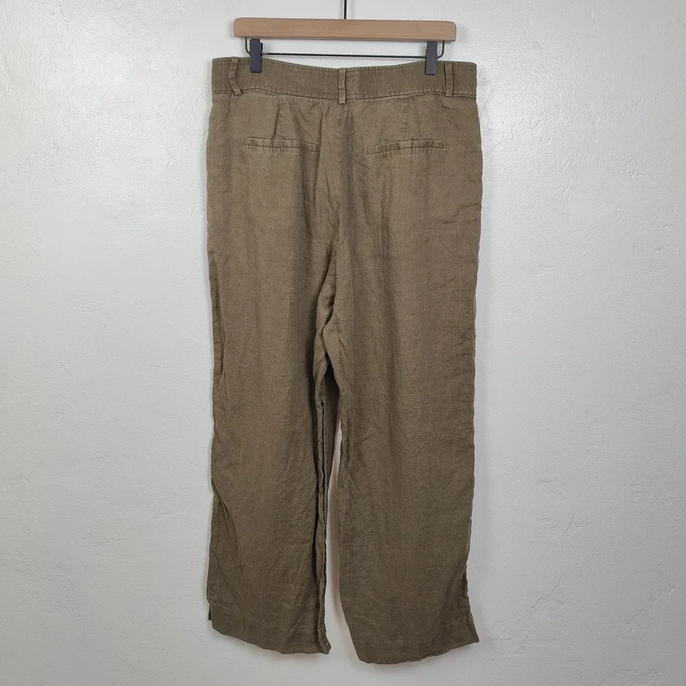 Everlane Pleated‎ Wide Leg Pants Womens 14 Olive Green Linen High Rise Preppy